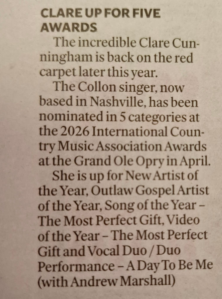 Clare Cunningham receives Irish press recognition following five ICMA 2026 nominations.