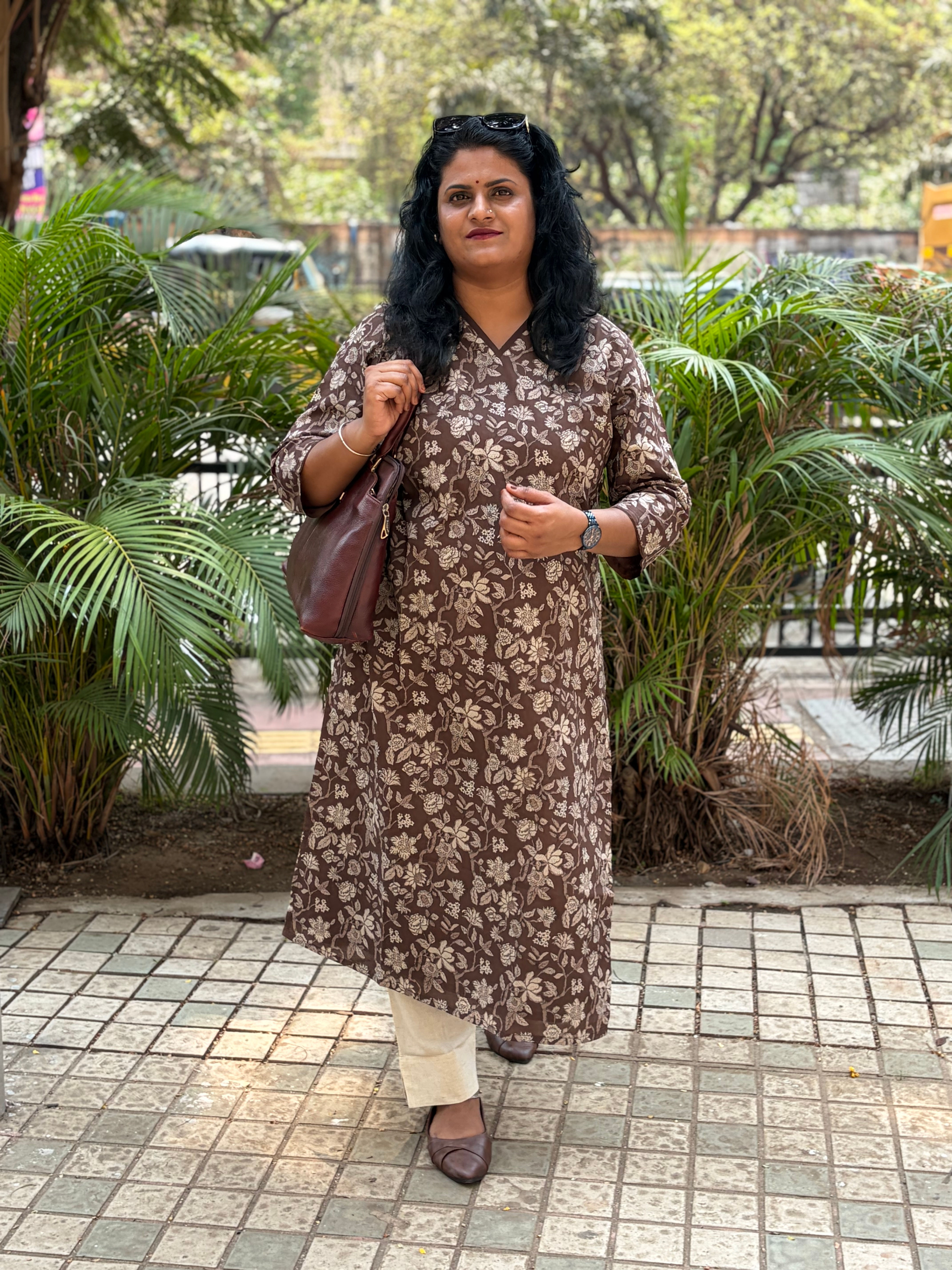 Brown Printed V Neck Pure Cotton Long Kurti