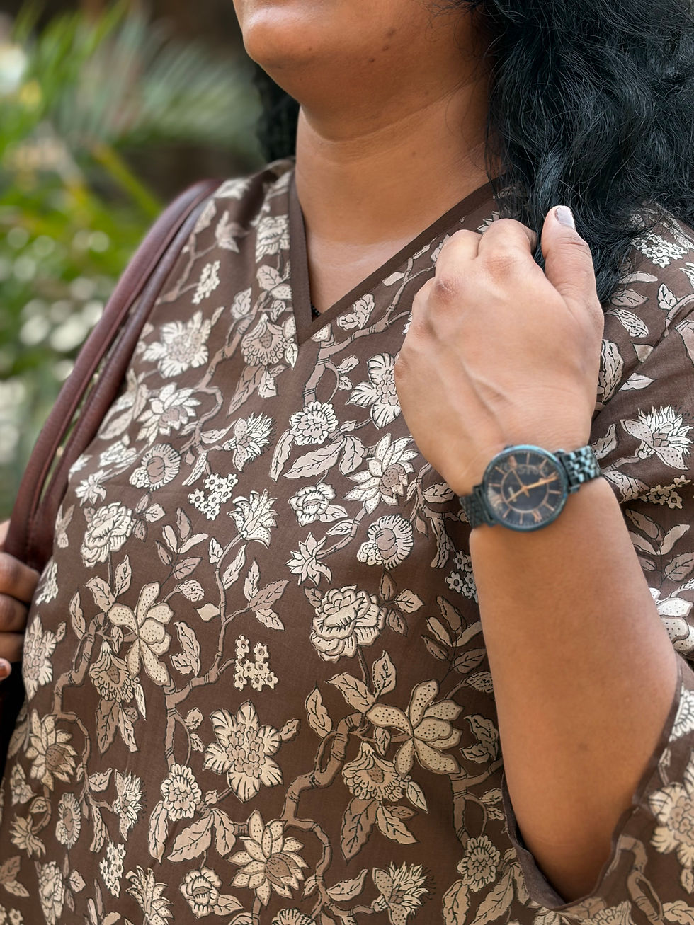 Thumbnail: Brown Printed V Neck Pure Cotton Long Kurti