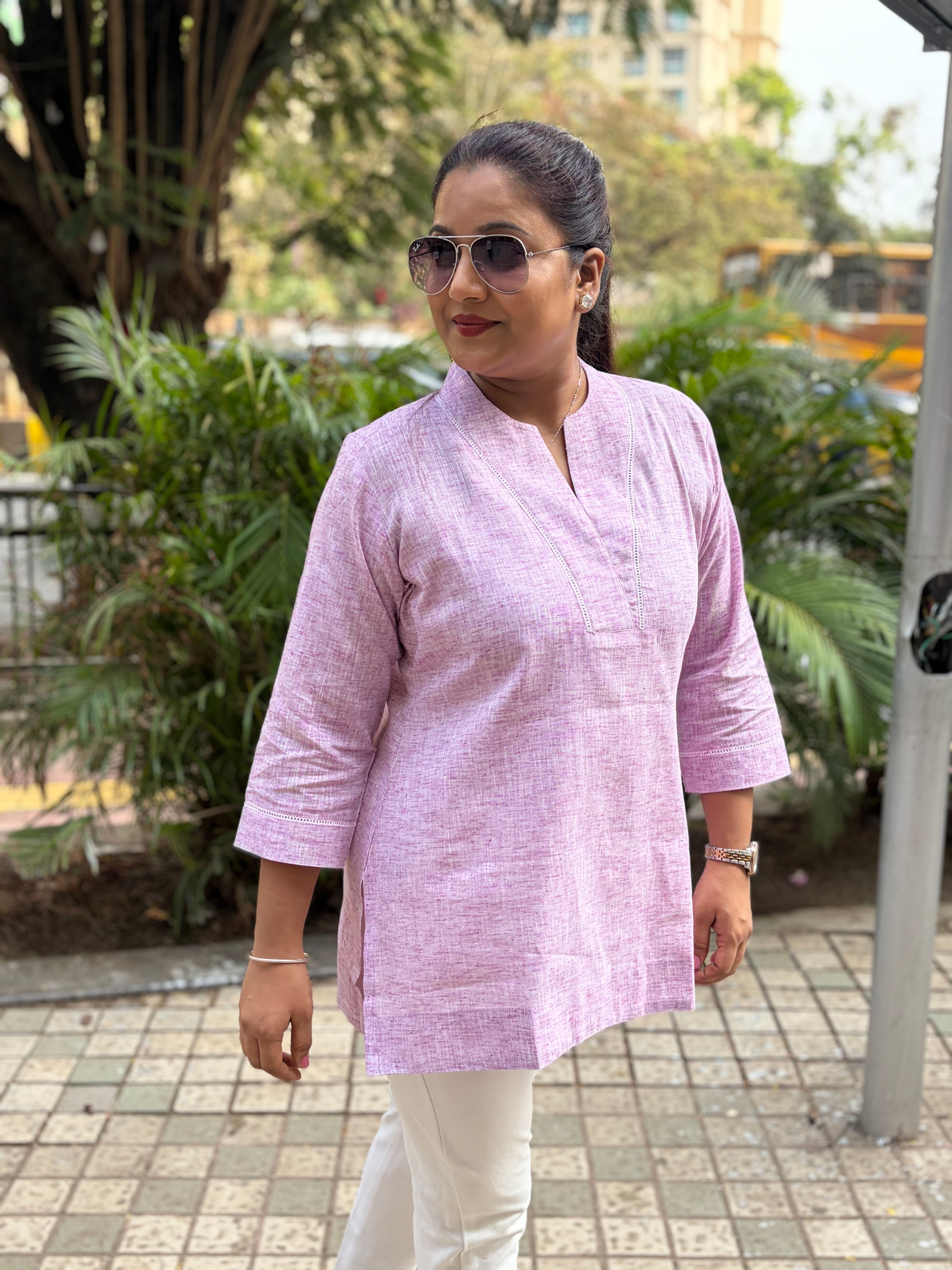 Natural Cotton Mandarin Collar Short Kurti