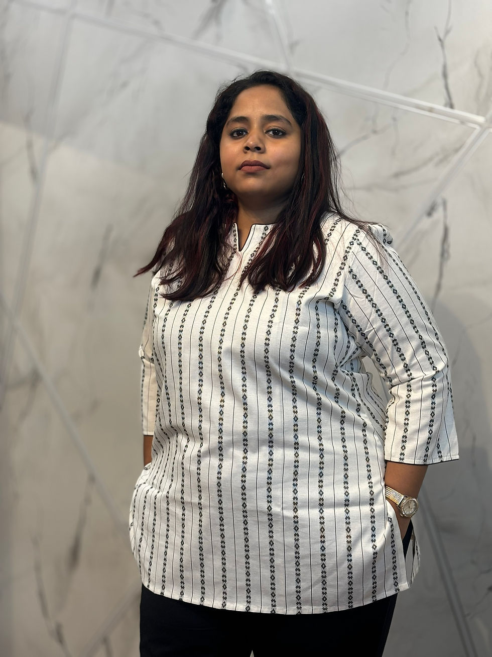 Thumbnail: Natural Cotton Black Stripe Short Kurti