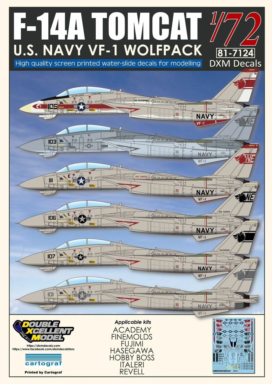 DXM Decal 1/72 F-14A Tomcat US Navy VF-1 Wolfpack 81-7124