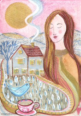 winter landscape house woman and bird illustration