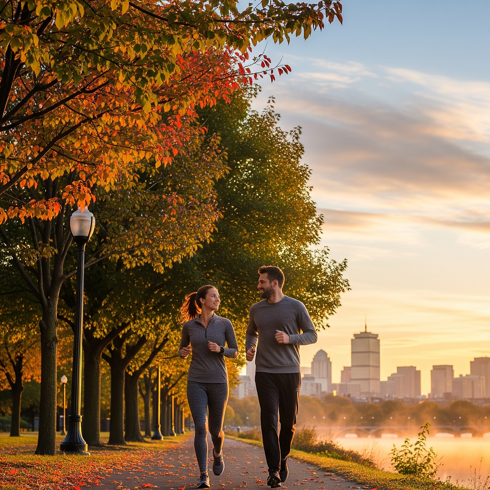 A man and woman jog on a tree-lined path with autumn leaves. City skyline in the distance. Warm sunrise hues create a serene mood.
