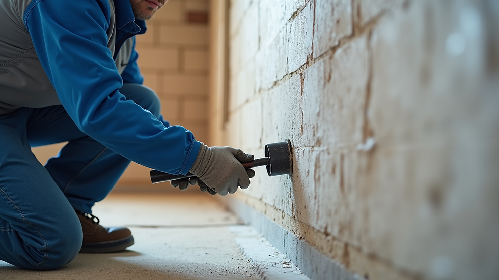 Close-up view of waterproofing professional applying sealant to basement wall