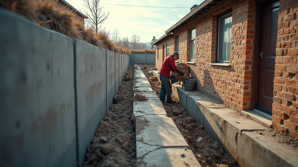 Wide angle view of waterproofing crew working on basement exterior