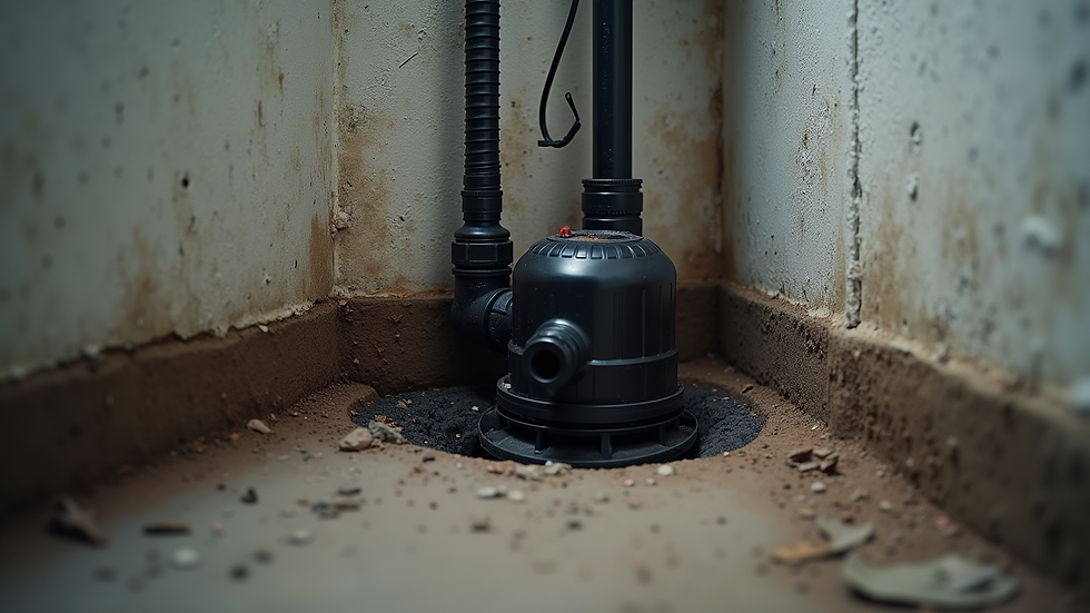 Eye-level view of sump pump system installed in basement corner
