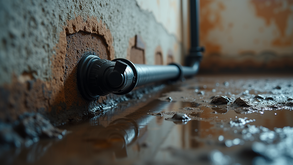 Eye-level view of sump pump discharge pipe exiting basement wall