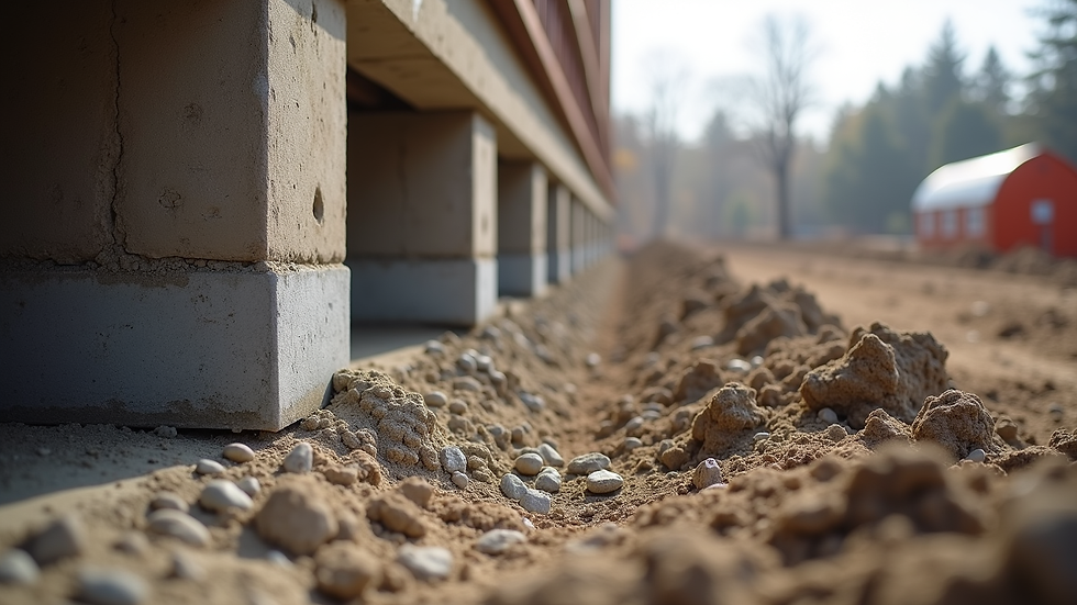 Eye-level view of foundation repair work showing concrete underpinning supports