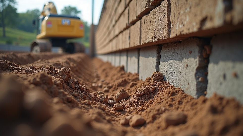 Close-up view of foundation underpinning during basement excavation