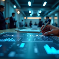 A futuristic-scene-of-business-planning-with-ai-enhanced-tools-and-charts under-clean-prof