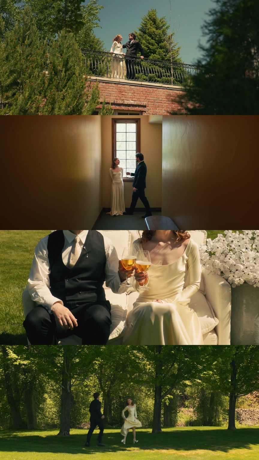 Four film stills of Annika and Jacob on a terrace, posing by a window, raising their glasses, and moving across the lawn.