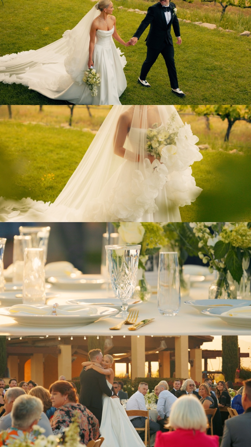 Wedding film stills of the couple walking hand in hand, Madilyn beneath her veil, table settings, and their first dance.