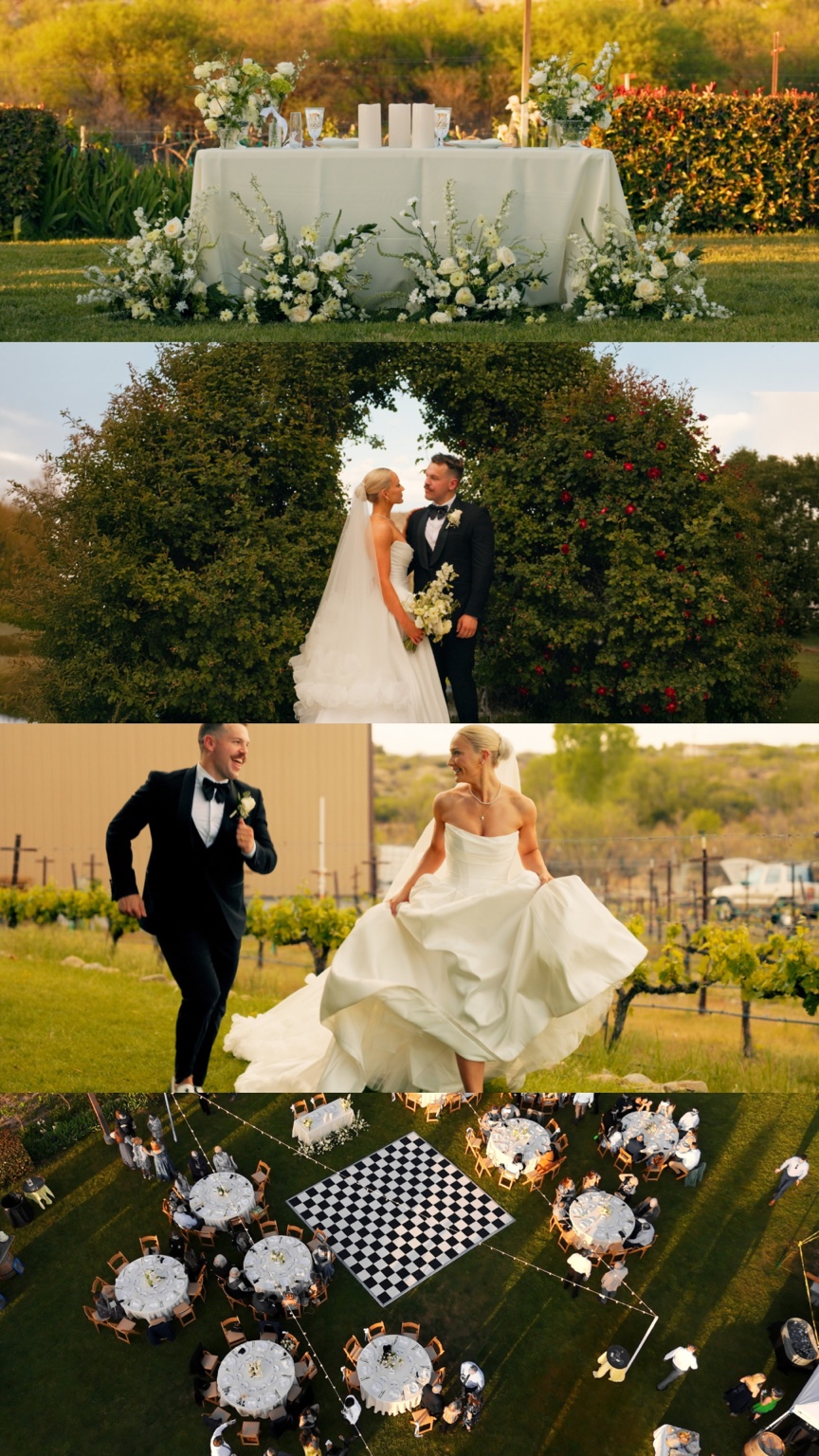 Madilyn and Tanner’s reception flowers, garden portraits and checkered dance floor