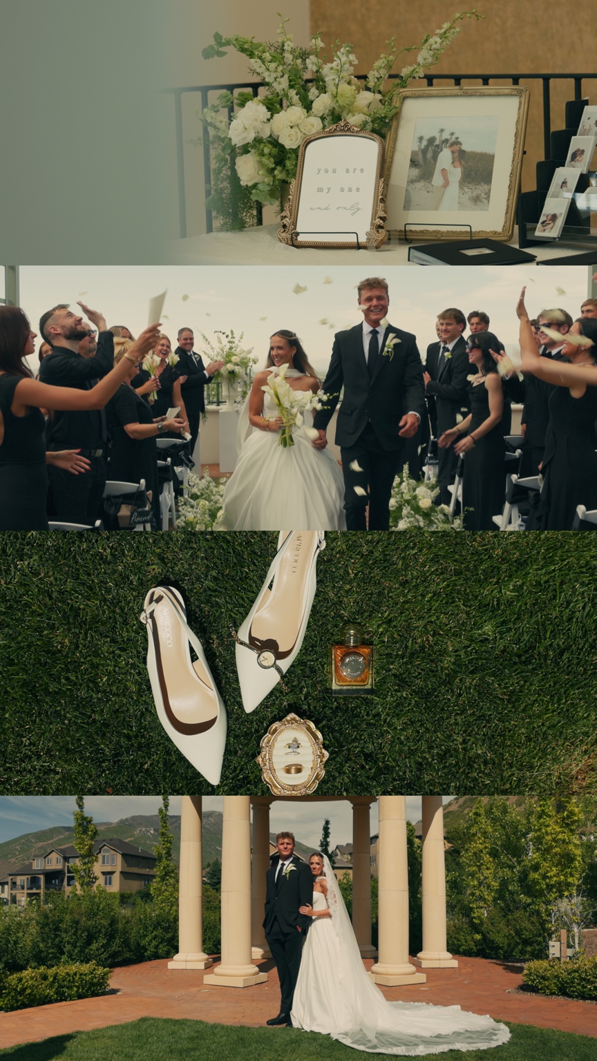 Four film stills of framed photographs and flowers, Parker and Kobe walking through flower petals after their ceremony, their wedding accessories, and a formal portrait by Siempre’s columns.
