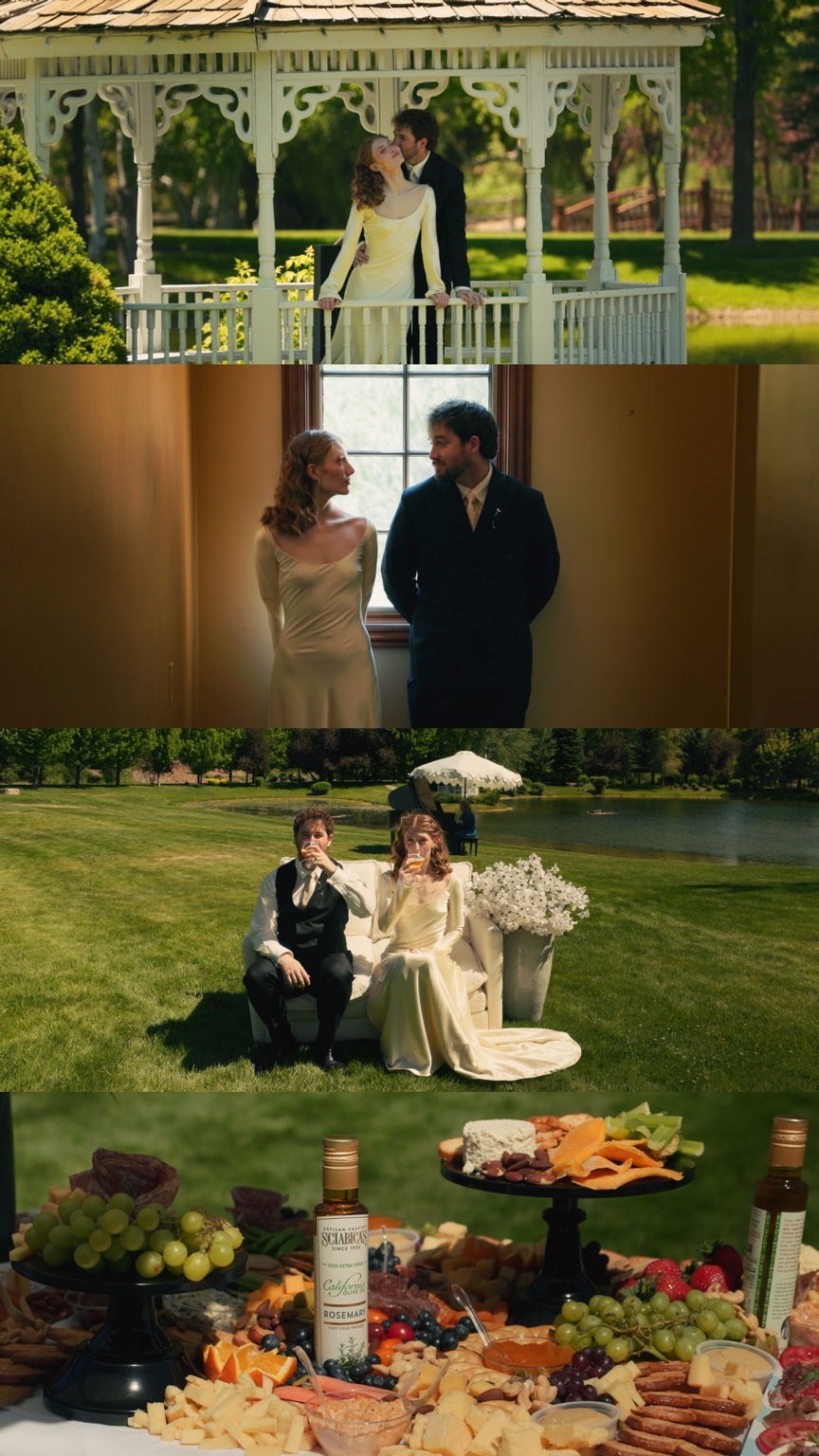 Four film stills of Annika and Jacob in the gazebo, standing by a window, seated together on the lawn, and the reception grazing table.