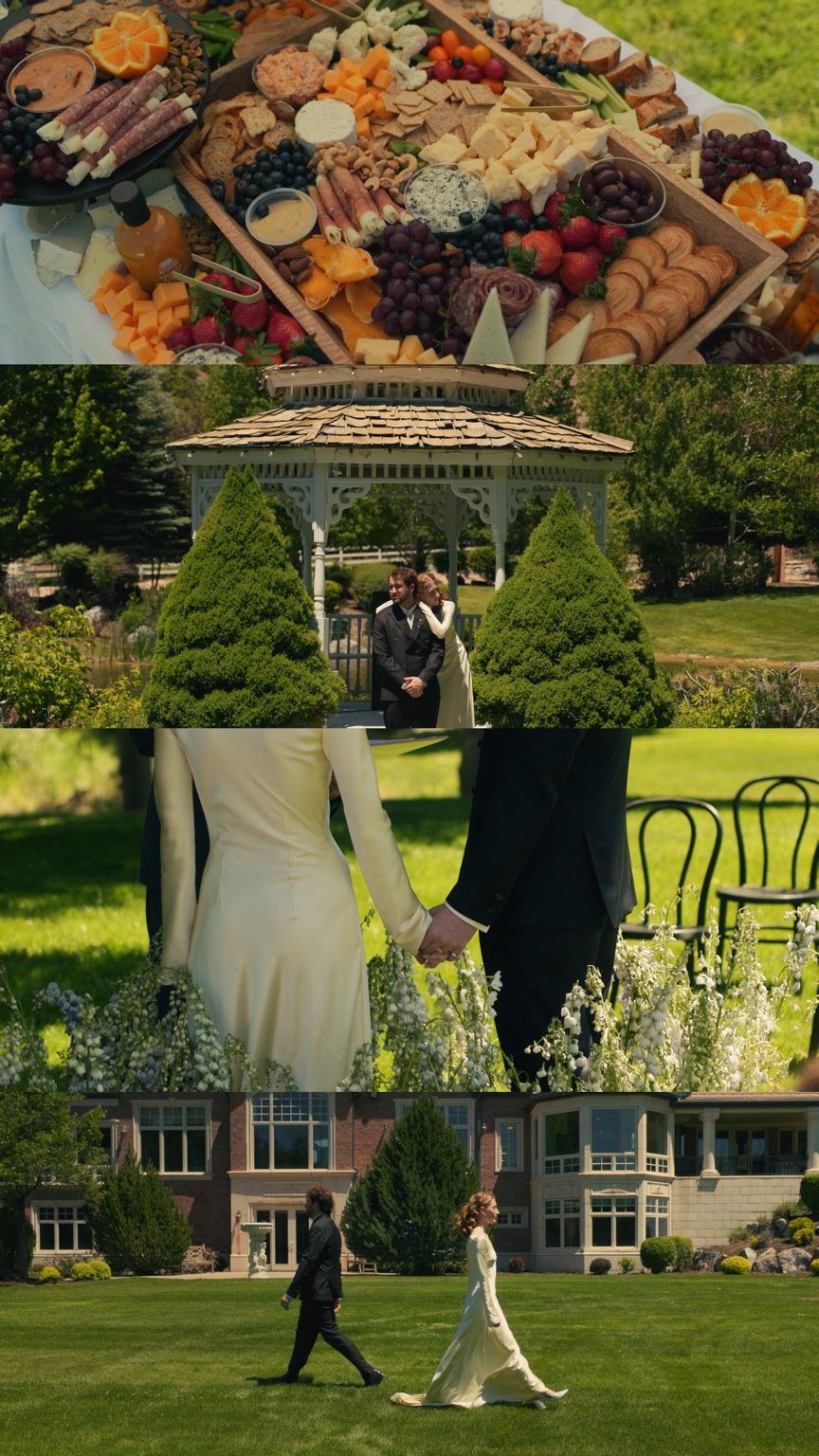 Four film stills of the grazing table, the couple in front of the gazebo, their joined hands among ceremony flowers, and a composed walk across the lawn.