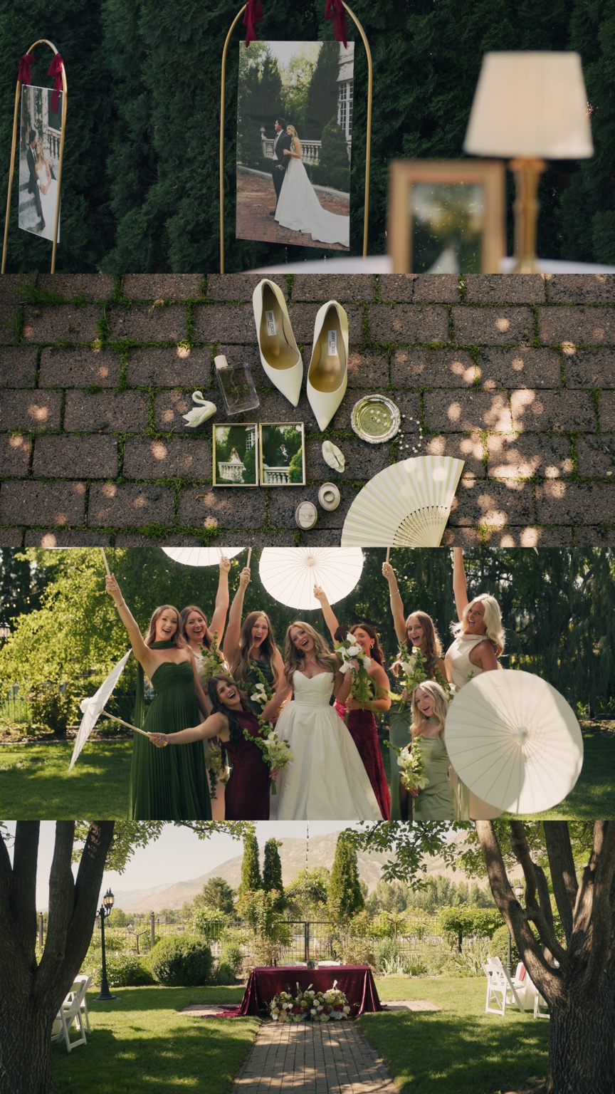 Film stills of displayed portraits, bridal details, the wedding party with parasols and the garden ceremony setting.