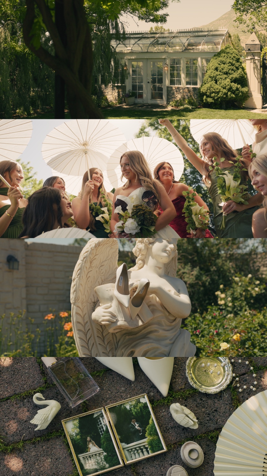 Film stills of Wadley Farms’ greenhouse, Kirsten with her bridesmaids and white parasols, bridal shoes and wedding details.