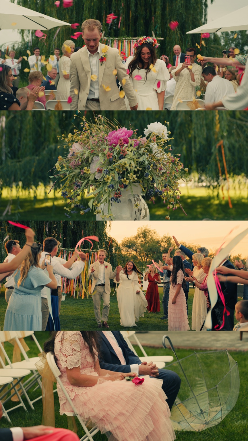 Lily and Brick walking through flower petals and guests celebrating in the garden