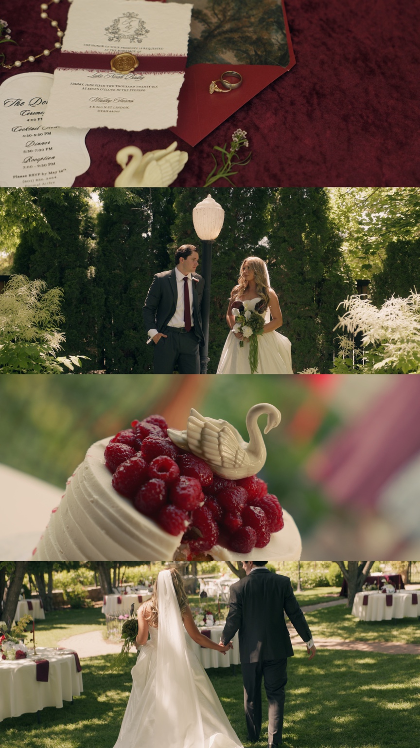 Film stills of burgundy stationery, Luke and Kirsten’s portraits, a swan-topped cake and the couple walking through the garden.