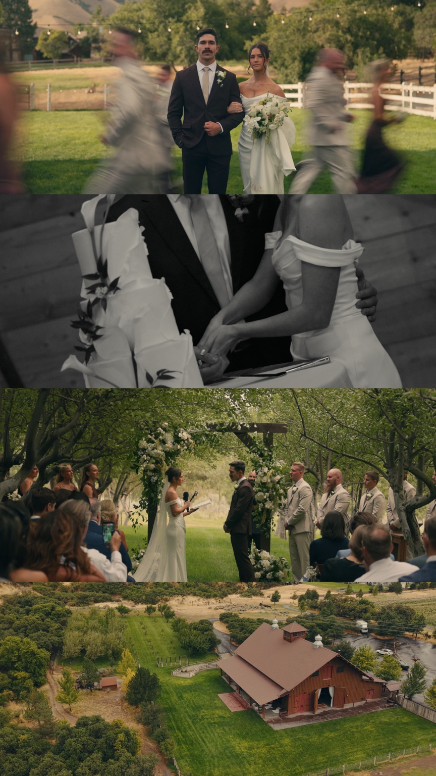 Four film stills showing the couple with their wedding party, joined hands in black and white, the orchard ceremony, and an aerial view of the barn.