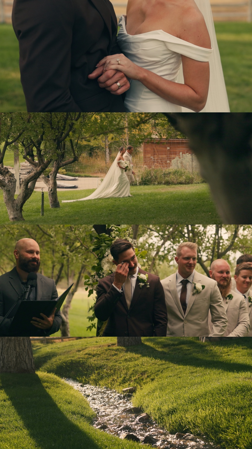 Four film stills showing their joined arms and rings, a bridal portrait in the orchard, the groom wiping a tear, and water flowing beneath the trees.
