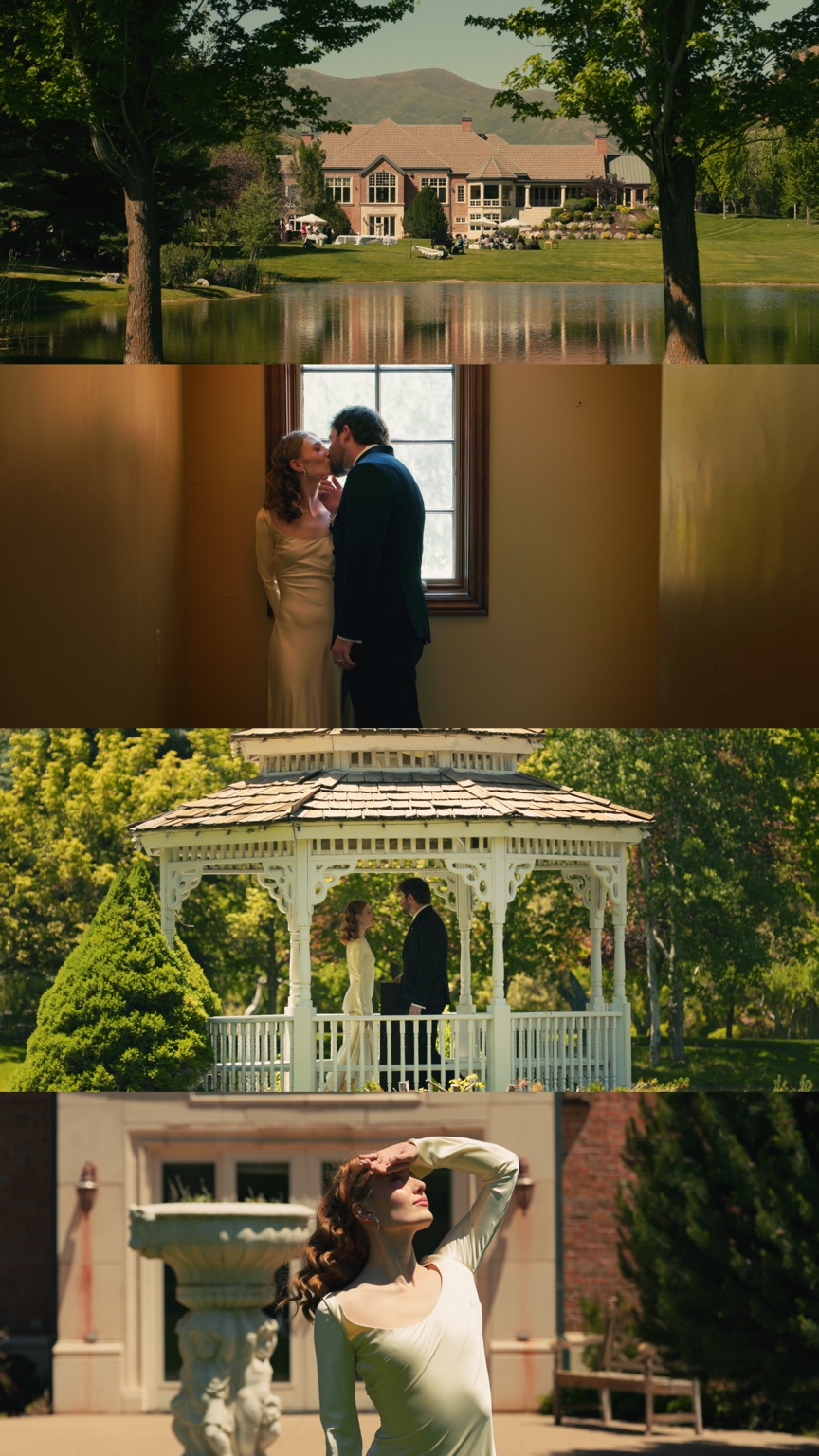 Four film stills of the property across a pond, Annika and Jacob by a window, the couple in a gazebo, and Annika beside a fountain.