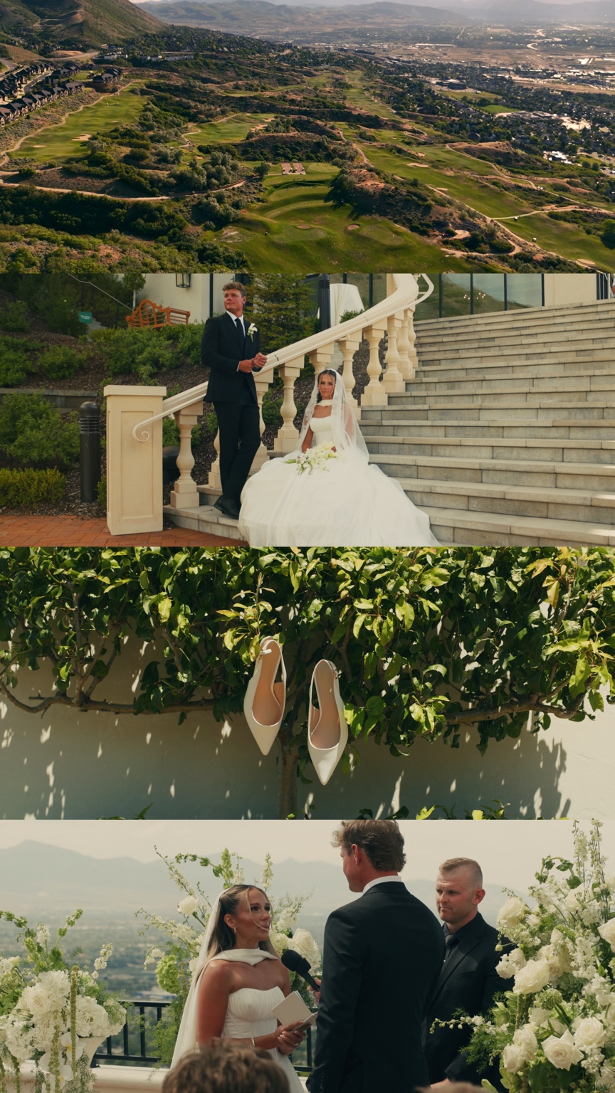 Four film stills of the golf course and Salt Lake Valley, Parker and Kobe on Siempre’s staircase, bridal shoes among greenery, and Parker speaking her vows.