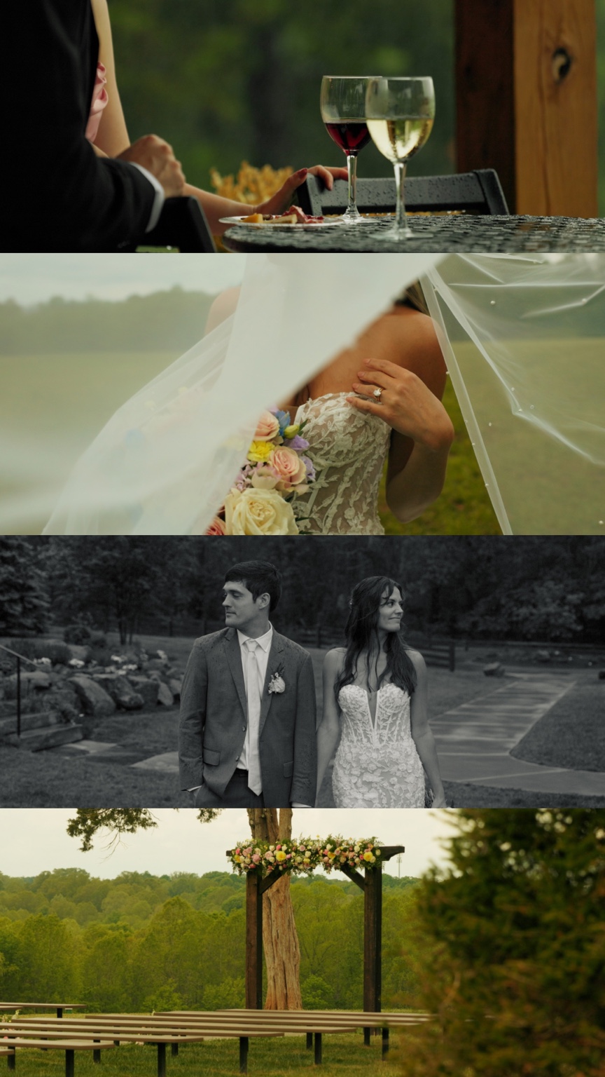 Film stills of wine glasses, Rebekah beneath her veil, the couple in black and white, and their flower-trimmed ceremony arch.
