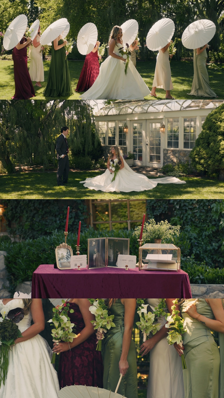 Film stills of Kirsten and her bridesmaids with parasols, the couple by the greenhouse, the cards table and bouquets.