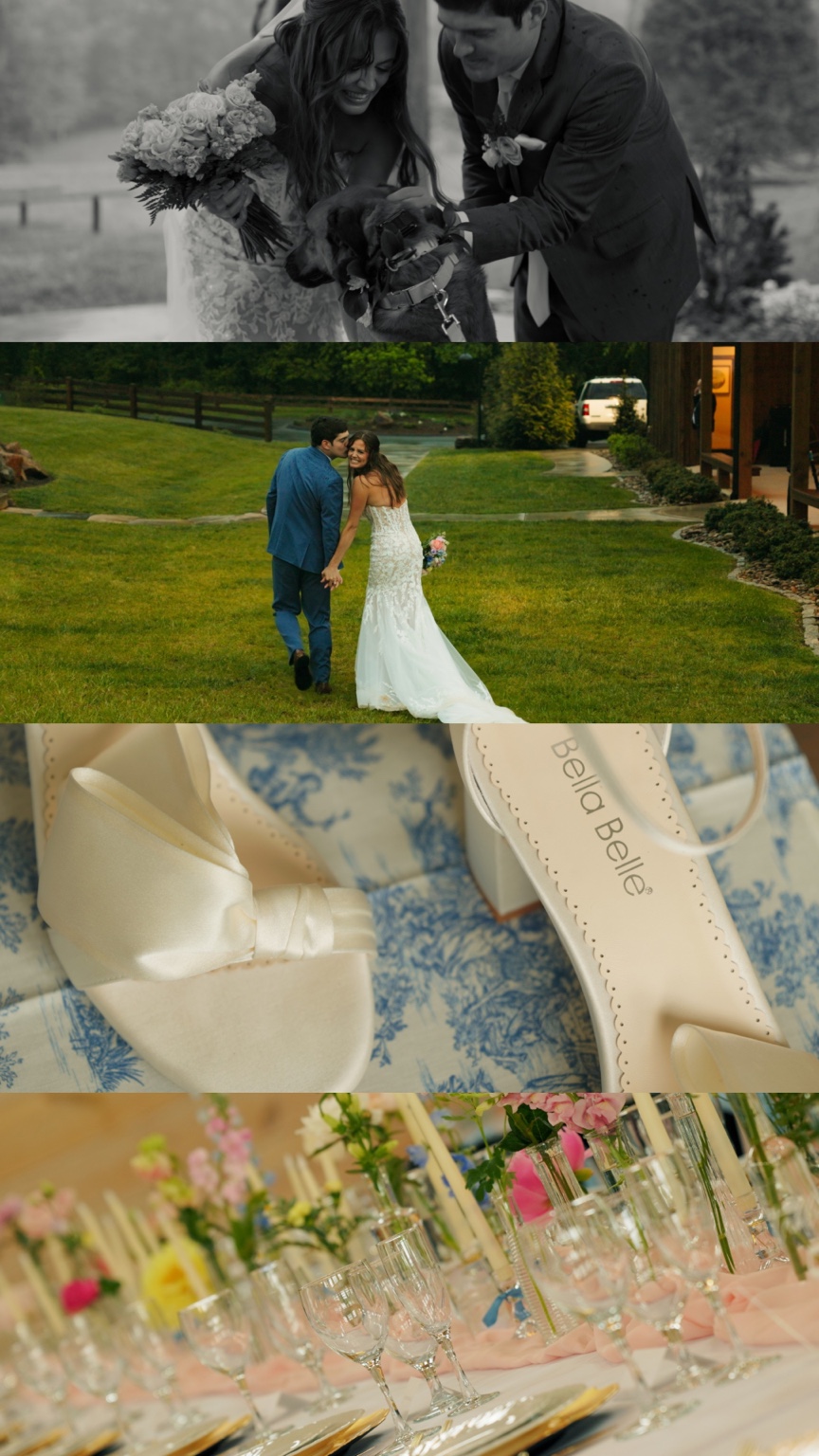 Film stills of Rebekah and Blake with their dog, walking together, bridal shoes, and pastel reception details.