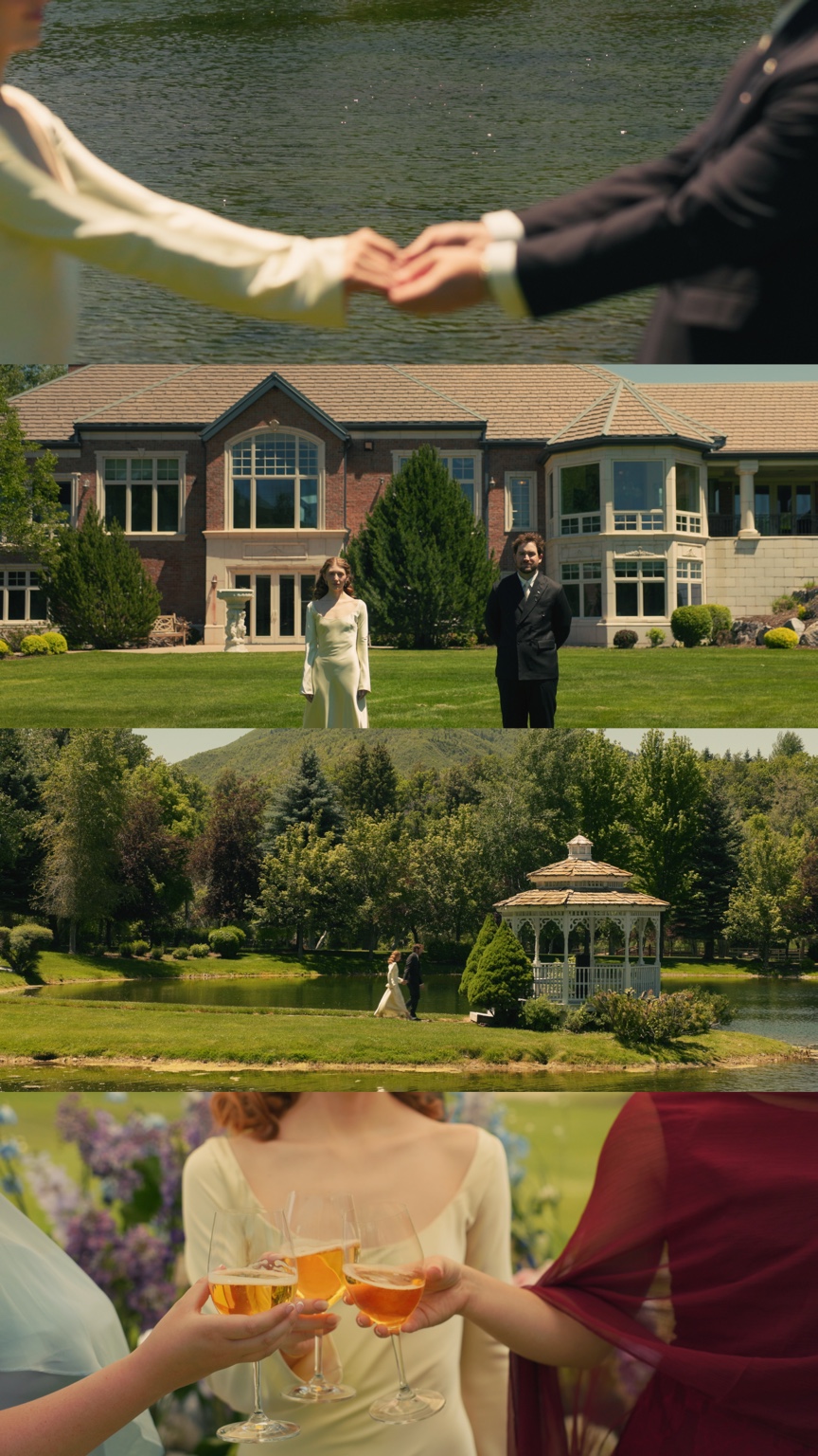Four film stills of the couple reaching for each other, looking toward the camera in front of the house, walking beside the gazebo, and a toast.