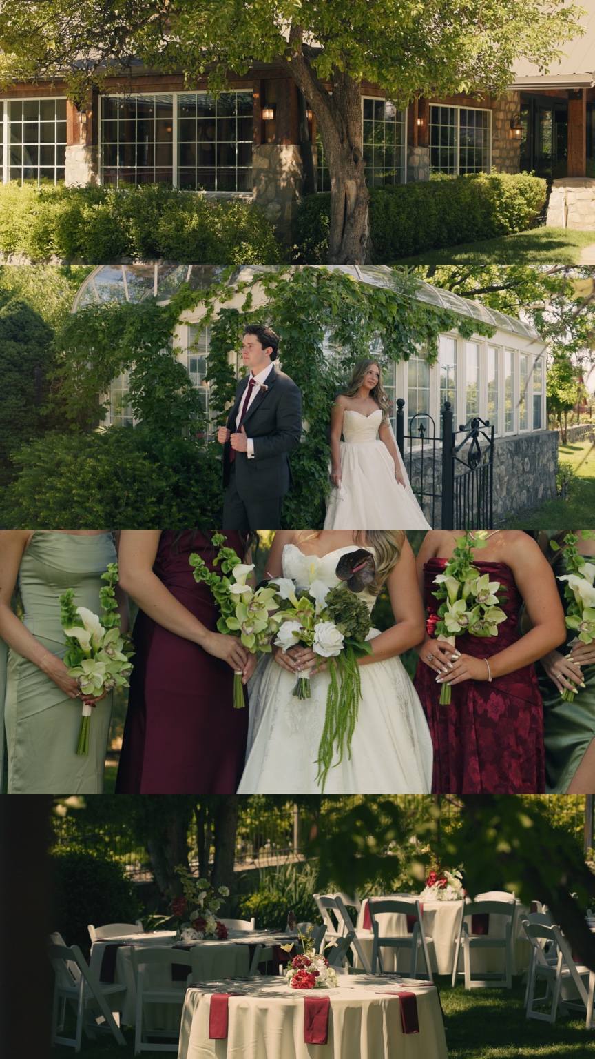 Film stills of the venue, Luke and Kirsten by the greenhouse, cascading bouquets and garden reception tables.