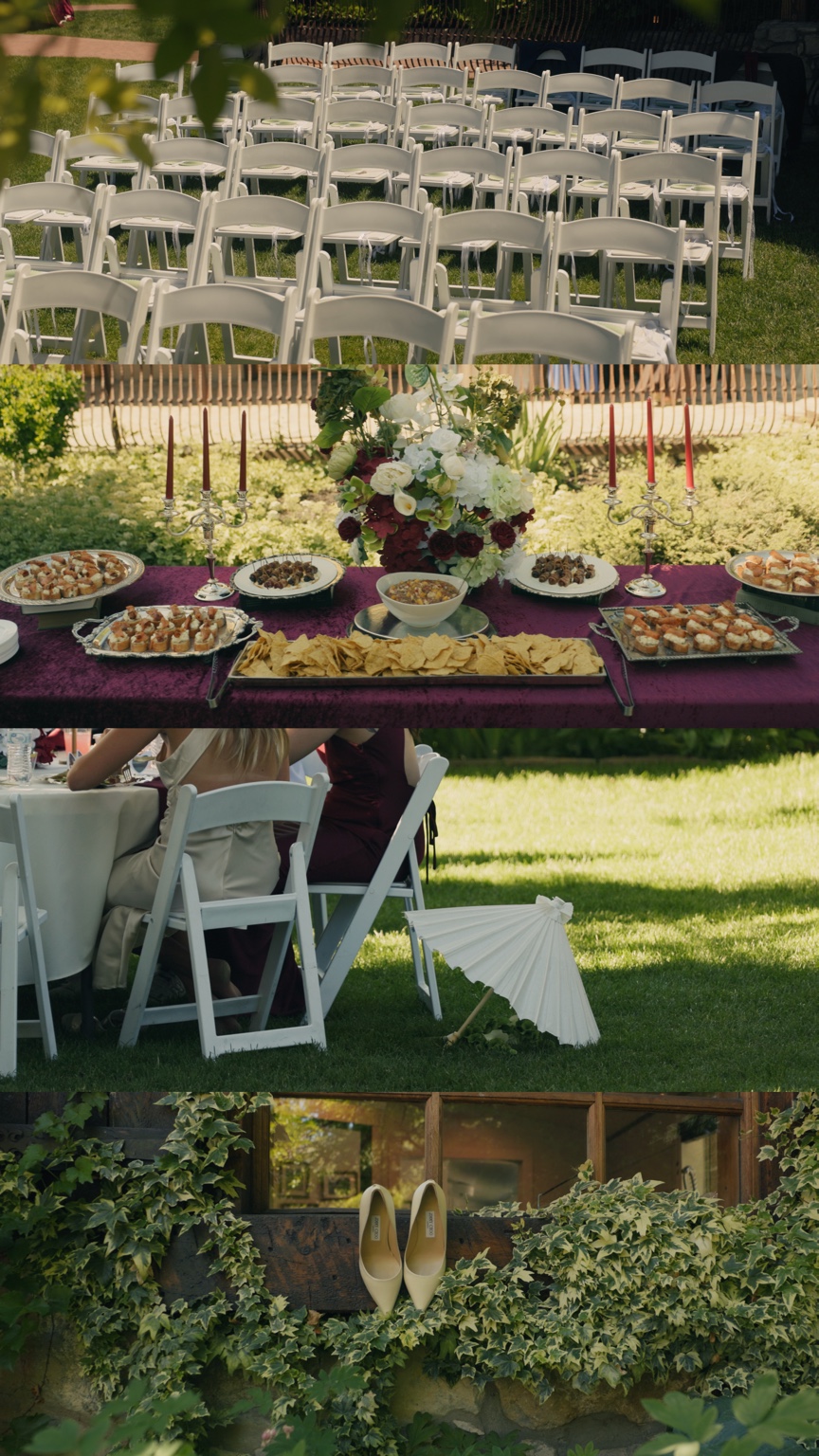 Film stills of garden ceremony chairs, the catering table, reception guests and bridal shoes among ivy.