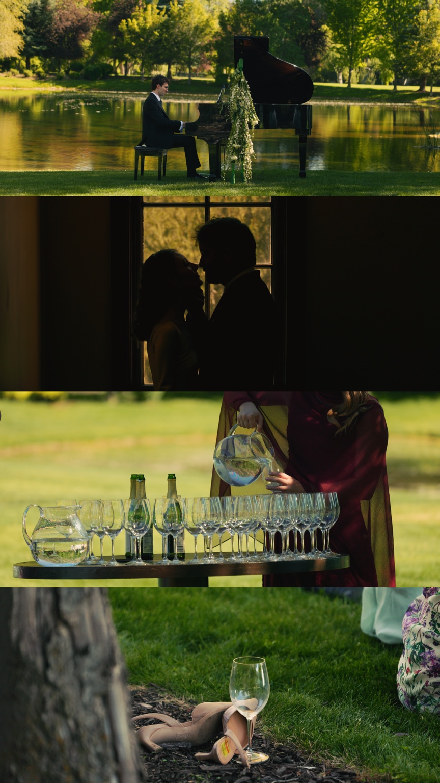 Four film stills of a pianist beside the pond, the couple silhouetted at a window, drinks being poured, and a glass and shoes beneath a tree.