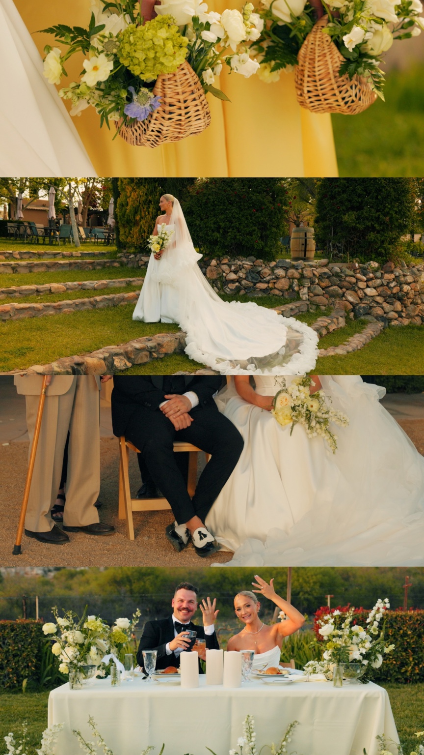 Wedding film stills of flower baskets, Madilyn's flowing train, the seated couple, and their reception table.