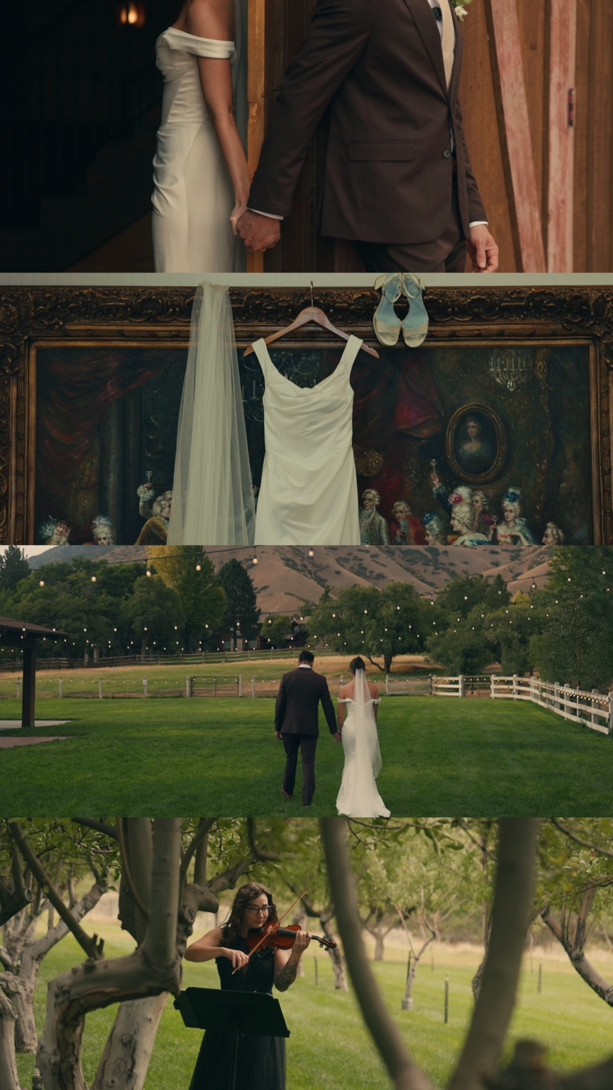 Four film stills showing their first touch at a doorway, the wedding dress against a painting, the couple walking together, and a violinist in the orchard.