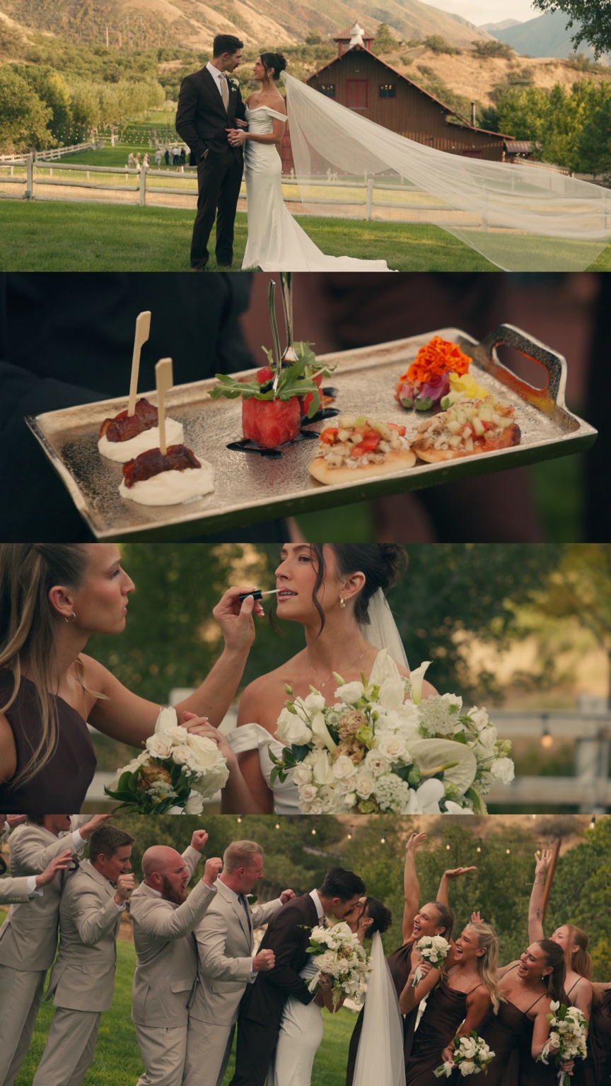 Four film stills showing the couple with a flowing veil, passed appetizers, a bridal makeup touch-up, and a joyful wedding-party portrait.