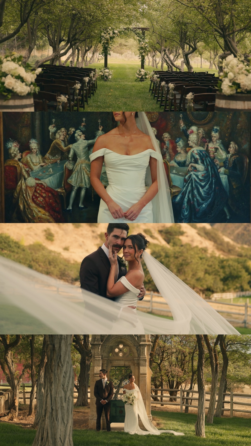 Four film stills showing the orchard aisle, bridal portrait against a painting, the couple beneath a veil, and a historic architectural fragment.