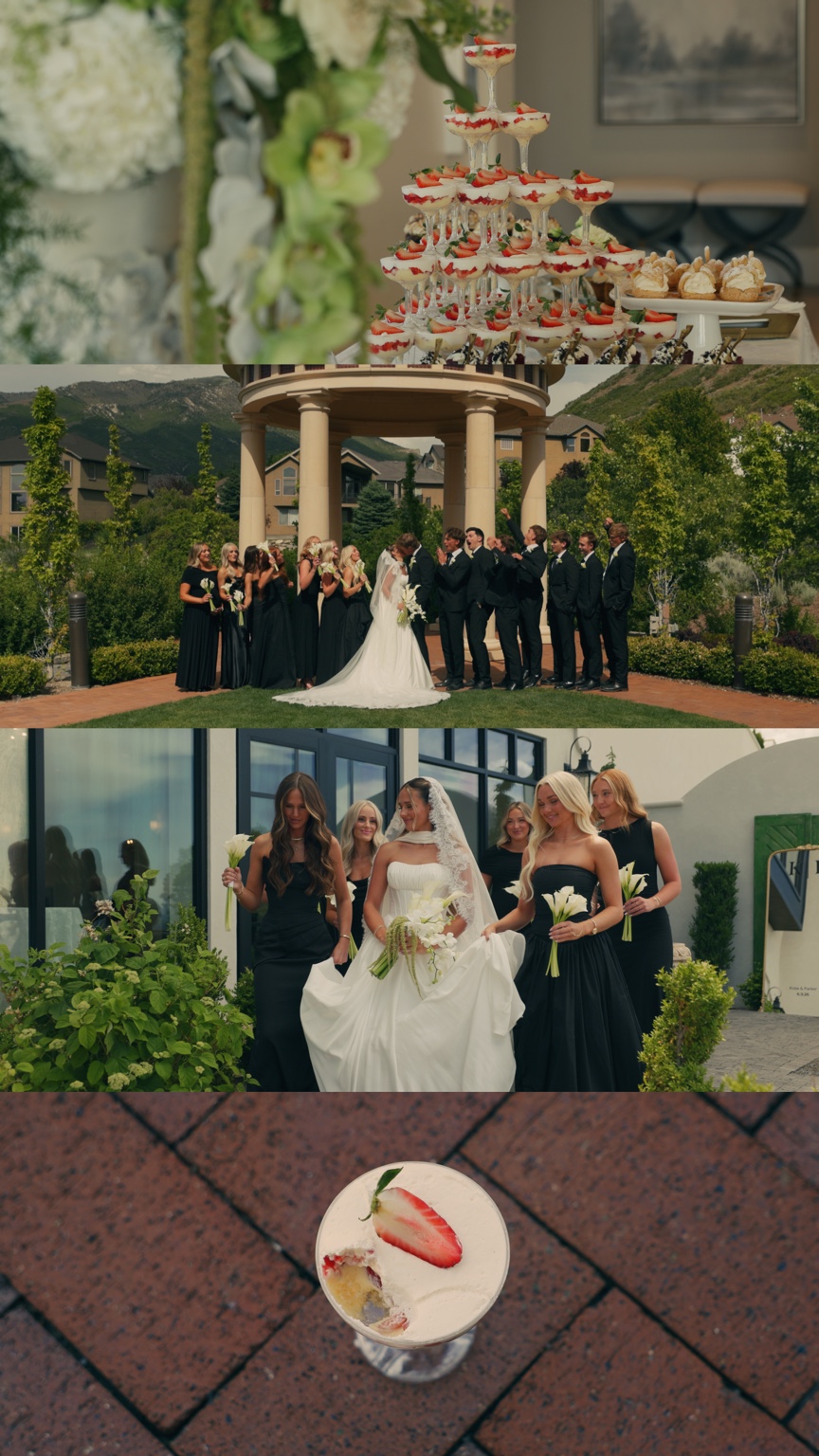 Four film stills of a tower of dessert coupes, the wedding party cheering Parker and Kobe, the bridesmaids walking beside Parker, and a strawberry-topped dessert.