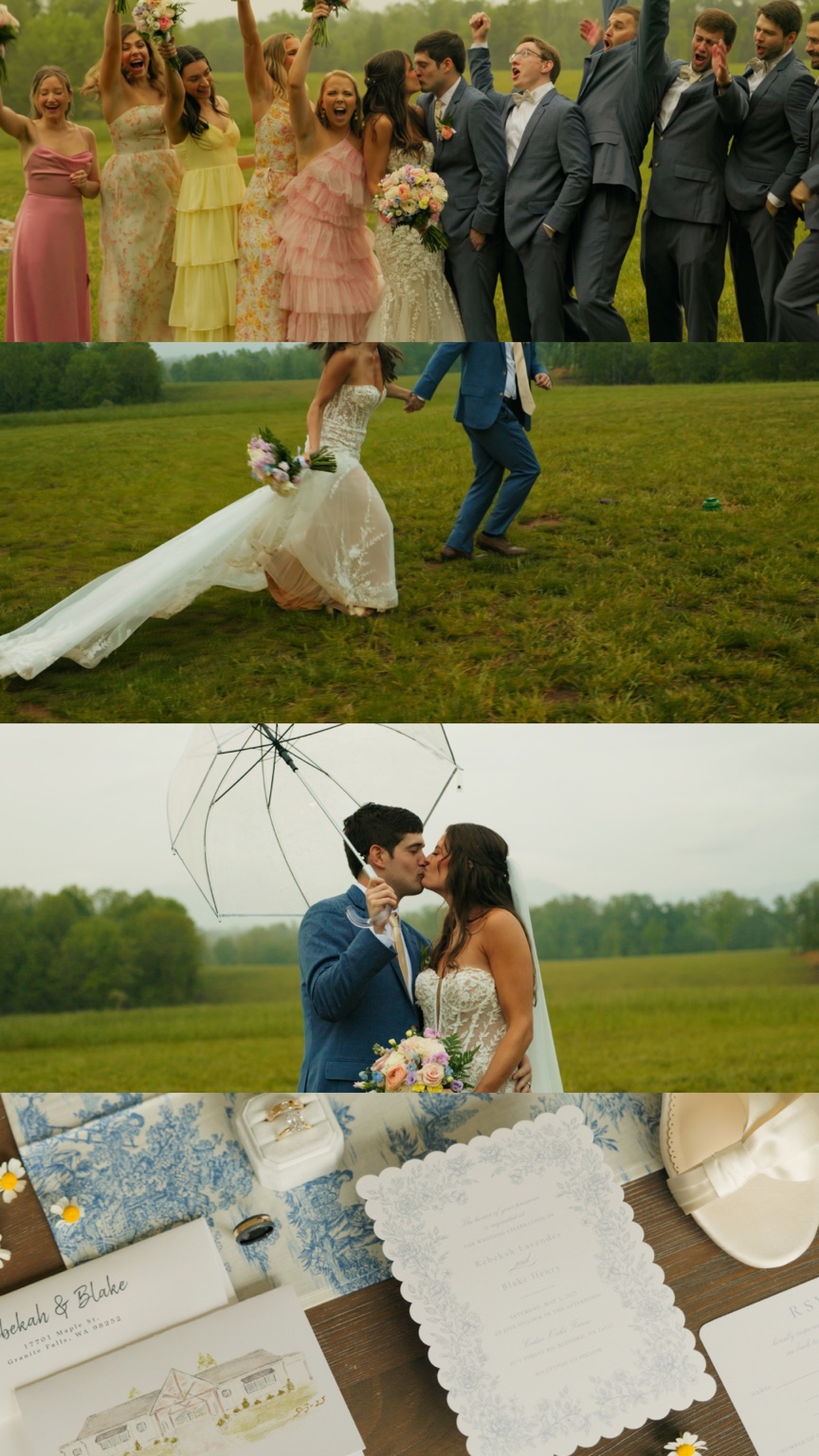 Rebekah and Blake celebrating with friends and kissing beneath a clear umbrella