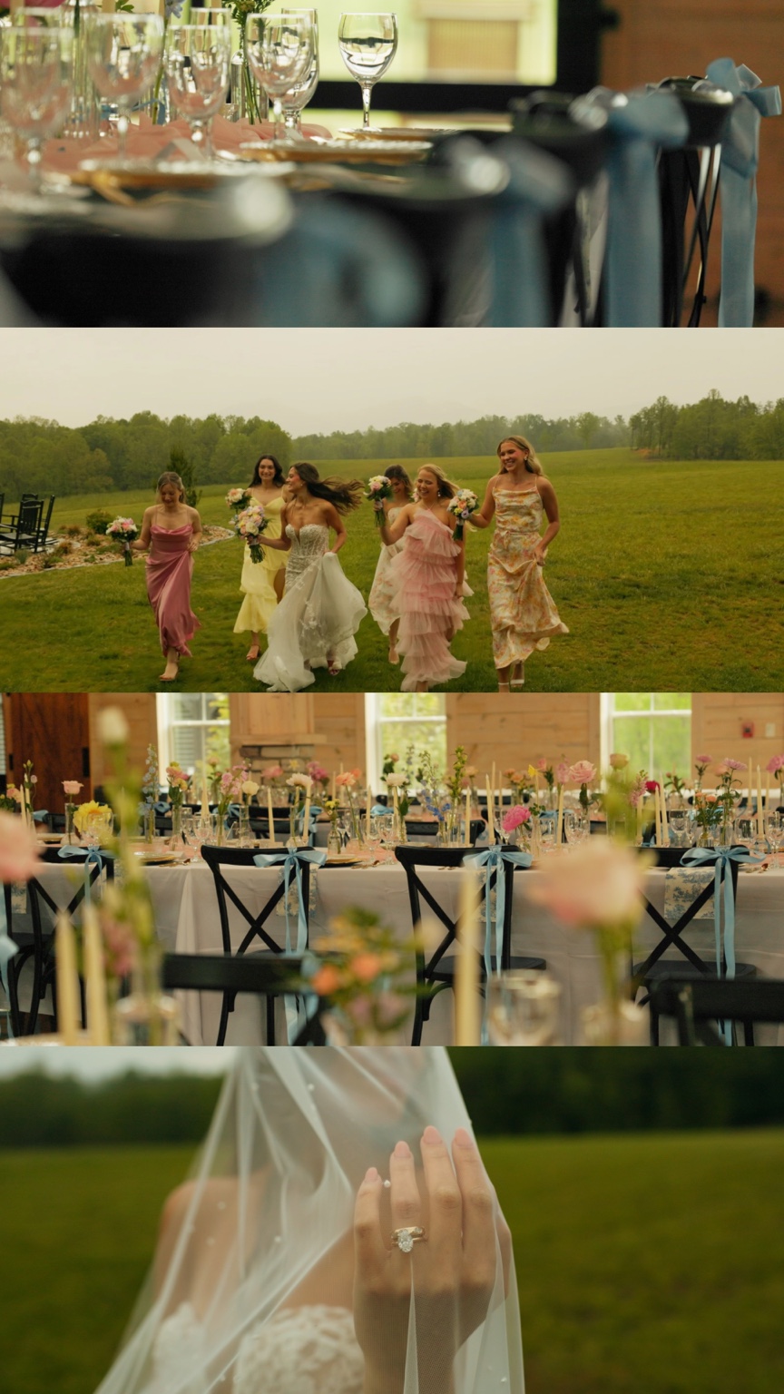 Film stills of table settings, Rebekah running with her bridesmaids, pastel reception flowers, and her ring beneath the veil.
