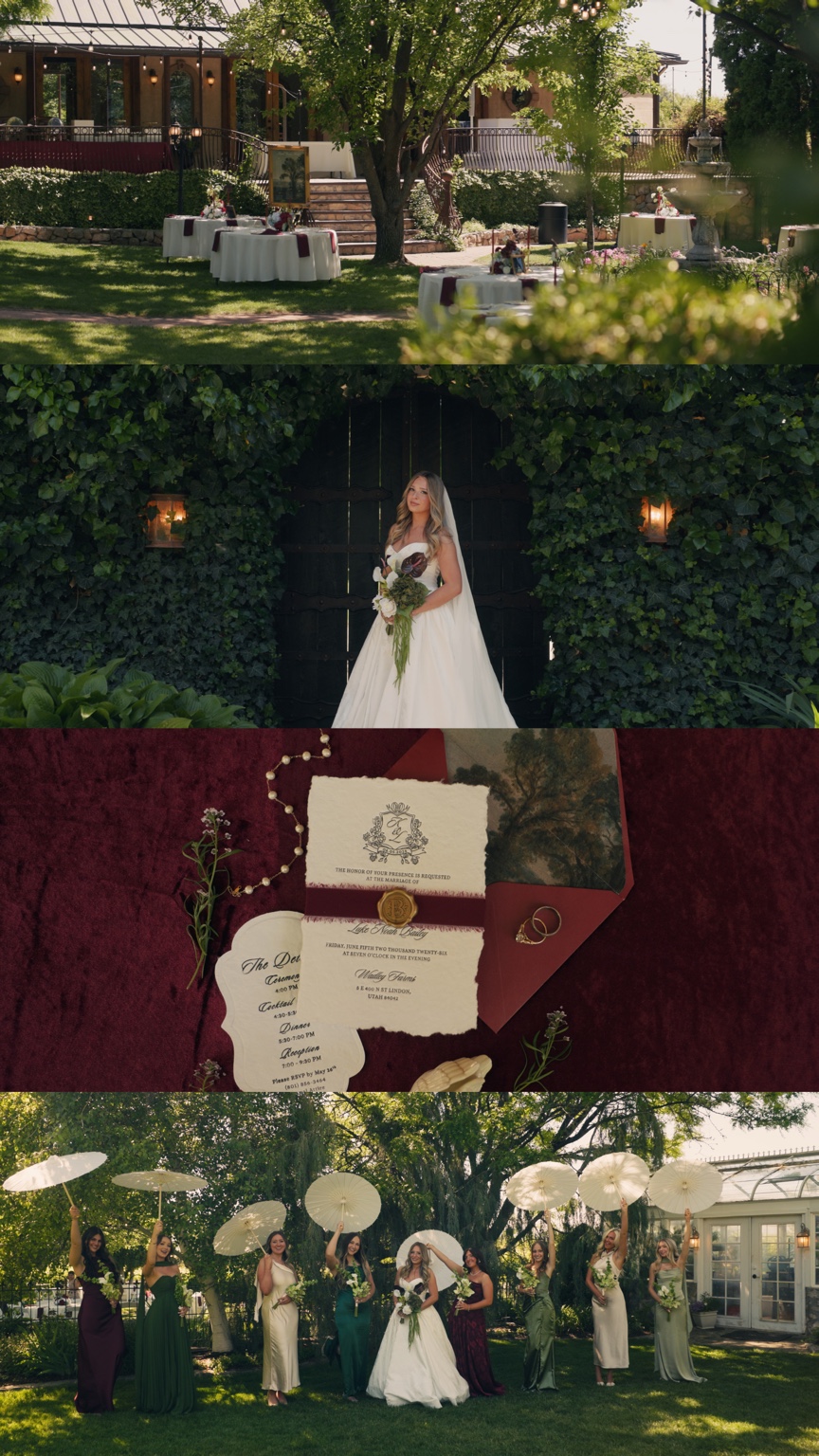 Film stills of the garden reception, Kirsten’s bridal portrait, burgundy stationery and bridesmaids with white parasols.