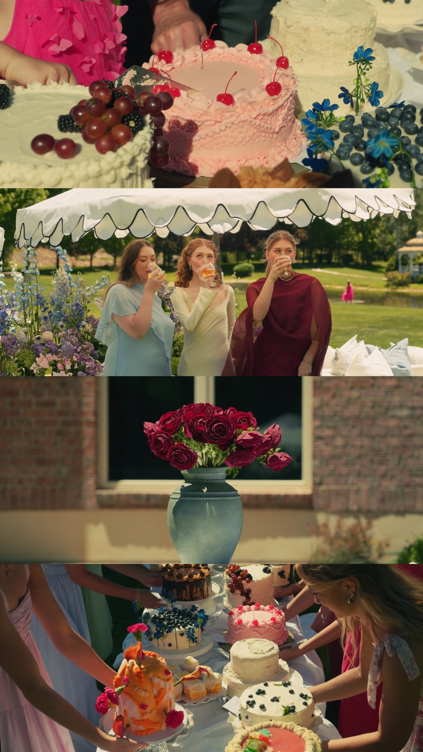 Four film stills of colorful cakes, Annika sharing a drink with loved ones, a vase of roses, and guests serving cake.