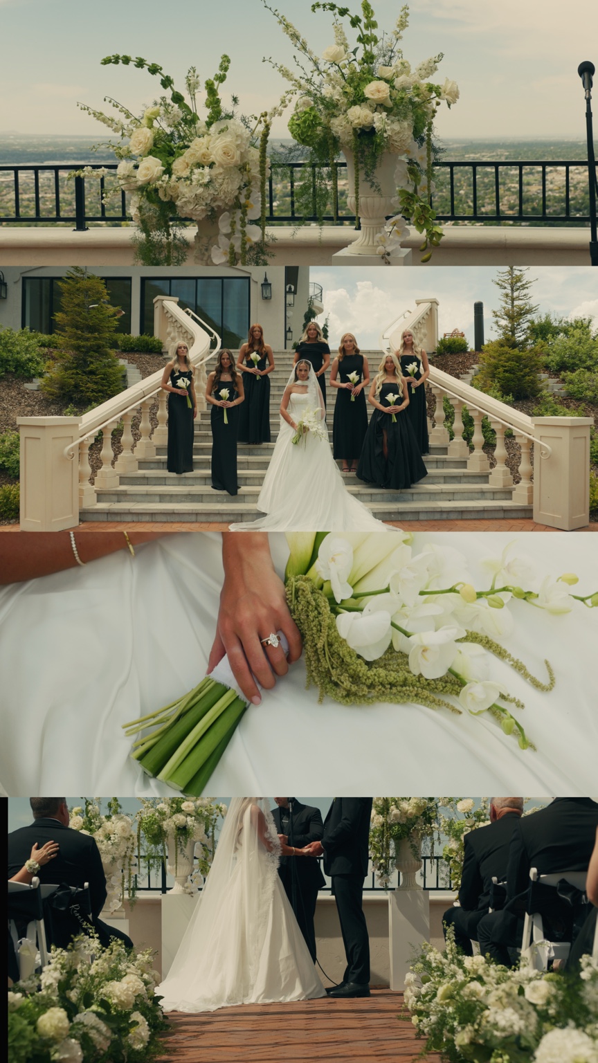 Four film stills of white ceremony flowers overlooking the valley, Parker and her bridesmaids on the stairs, her bouquet and ring, and the couple exchanging vows.