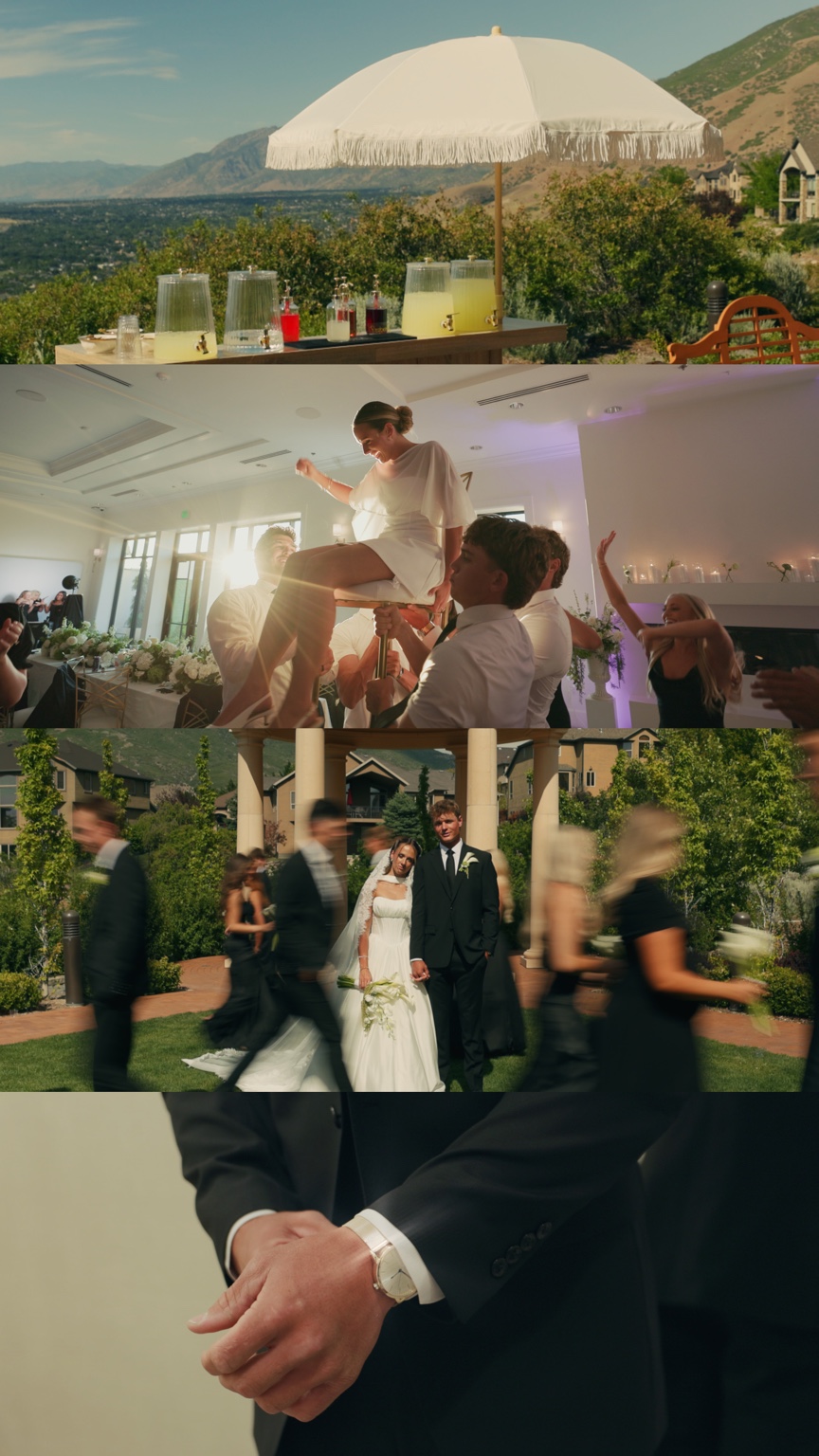 Four film stills of drinks beneath a fringed parasol overlooking the valley, Parker lifted on a chair during the party, the wedding party moving around the couple, and Kobe’s watch and suit.