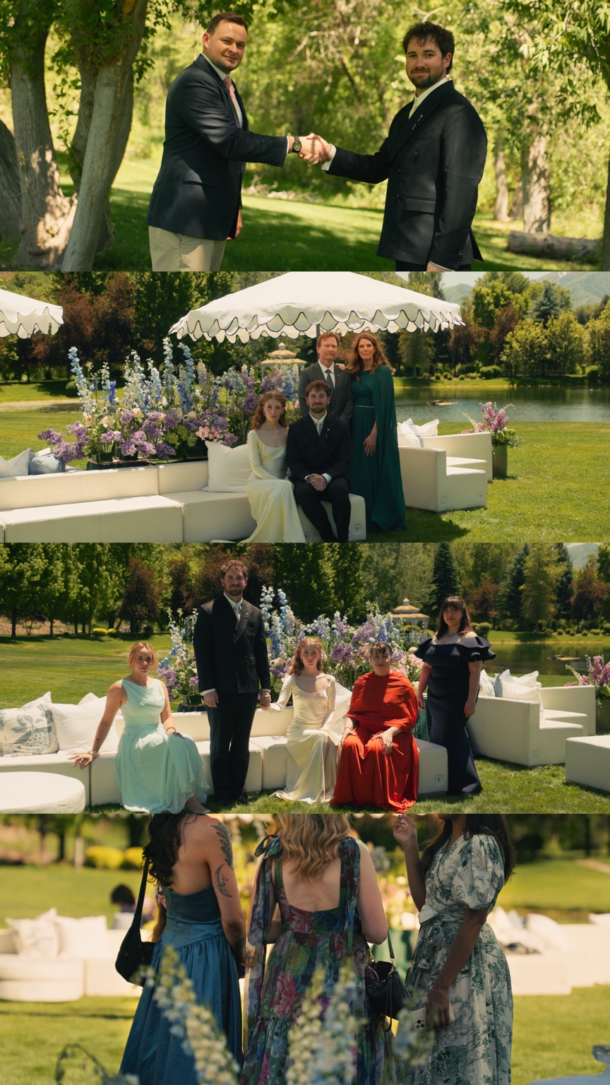 Four film stills of Jacob greeting a guest, family portraits on the lawn, and loved ones gathered among the flowers.