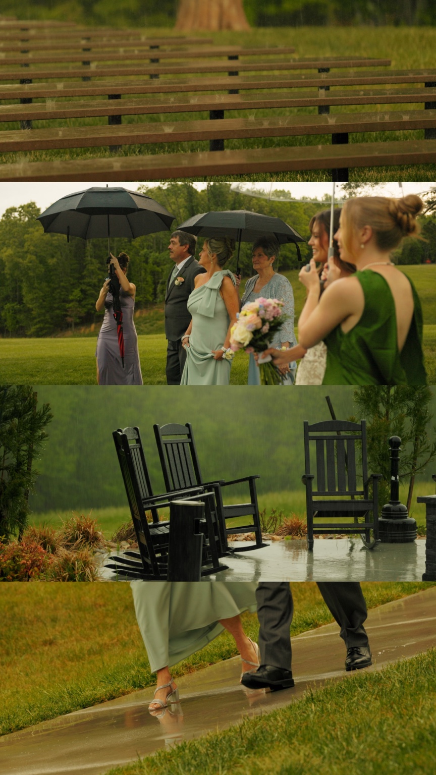 Film stills of rain on ceremony benches, family beneath umbrellas, porch rocking chairs, and guests walking together.