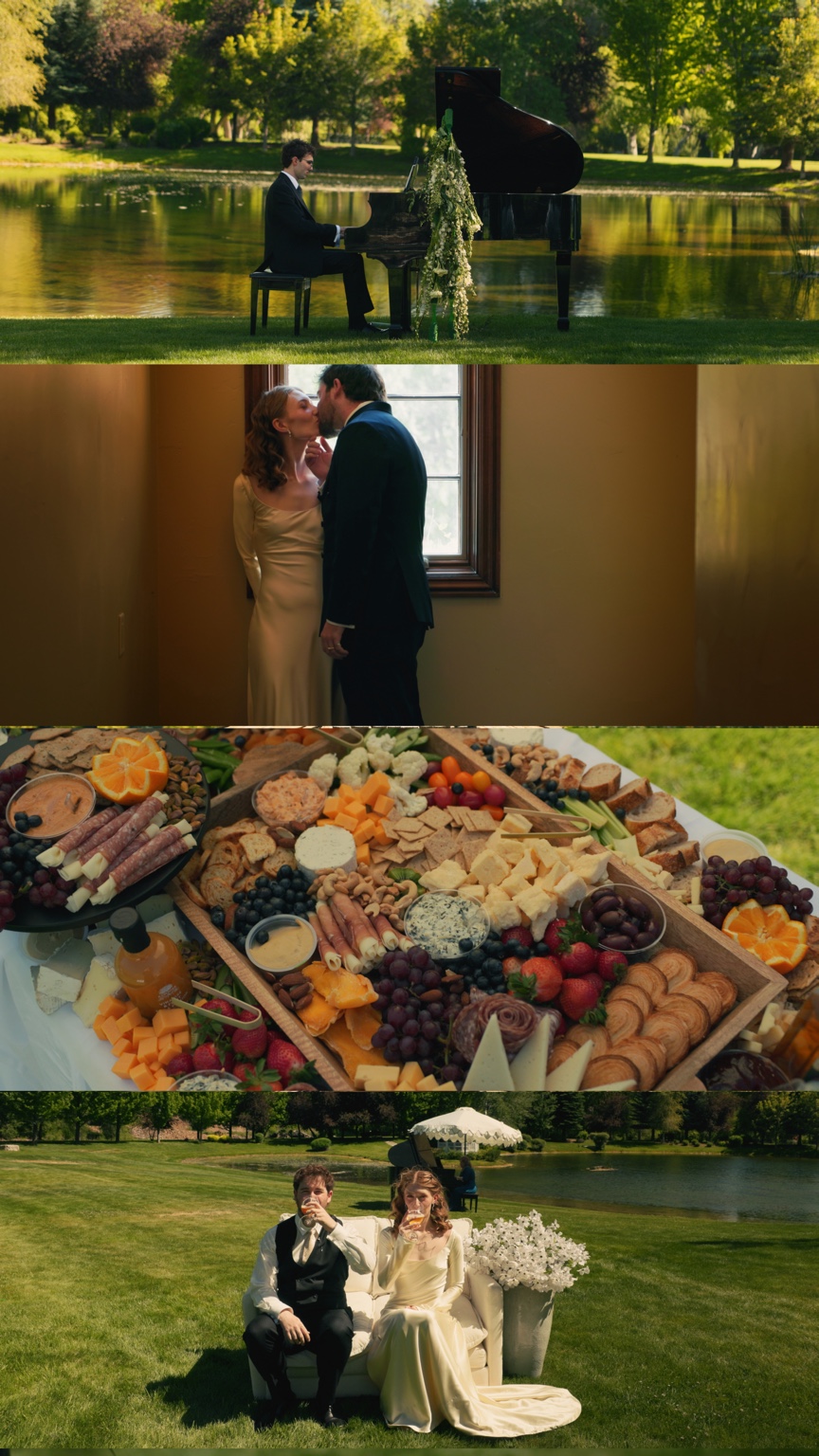 A portrait collage of film stills showing Annika and Jacob kissing by a window, the colorful grazing table, and the couple seated together on the lawn.